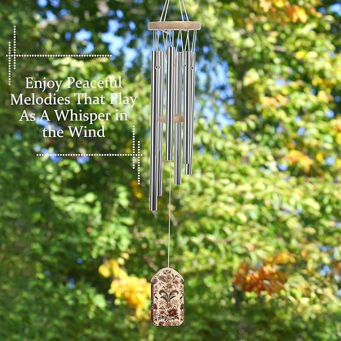 Wind Chimes for Outside,Red Stripes and Flowers Printed Cute Aluminium Windchimes Outdoors,Soothing Melodic Memorial Wind Chime for House Porch Patio Garden Balcony Decor