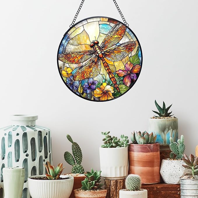 Dragonfly Flower Stained Glass Window Hanging Suncatchers, Dragonfly Sun Catchers Indoor Window Glass Wall Art Decor, Nature Insect Floral Wall Hanging Decorations Sculptures, 7.9x7.9in