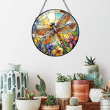 Dragonfly Flower Stained Glass Window Hanging Suncatchers, Dragonfly Sun Catchers Indoor Window Glass Wall Art Decor, Nature Insect Floral Wall Hanging Decorations Sculptures, 7.9x7.9in