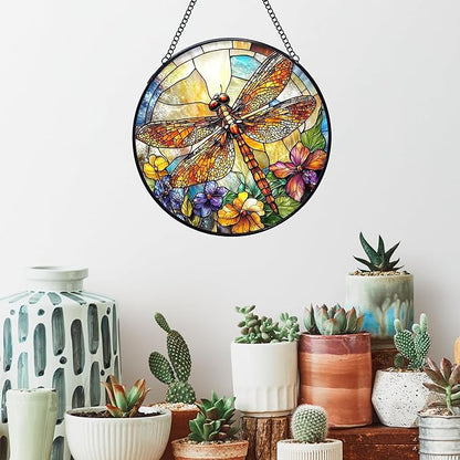Dragonfly Flower Stained Glass Window Hanging Suncatchers, Dragonfly Sun Catchers Indoor Window Glass Wall Art Decor, Nature Insect Floral Wall Hanging Decorations Sculptures, 7.9x7.9in