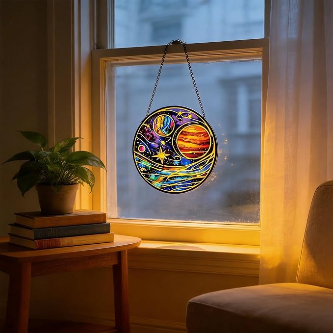 Stained Glass Sun Catcher,Planet Glass Window Hanging Garden Decor,Sun Catchers Indoor Window,Whimsical Decoration for Home Backyard Patio Lawn Porch with 7.9 INCH