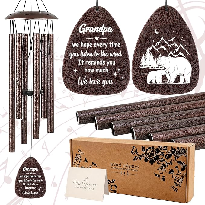 Grandpa Gifts Wind Chimes - Metal Windchimes with Card Indoor Outdoor Garden Patio Yard Hanging Decor Appreciation Grandparents Day Retirement Birthday Gift for Grandfather from Grandkids