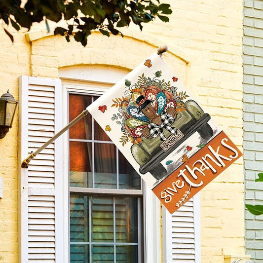 AVOIN colorlife Give Thanks Thanksgiving House Flag 28x40 Inch Double Sided Outside, Gobble Turkey Truck Rustic Yard Outdoor Flag