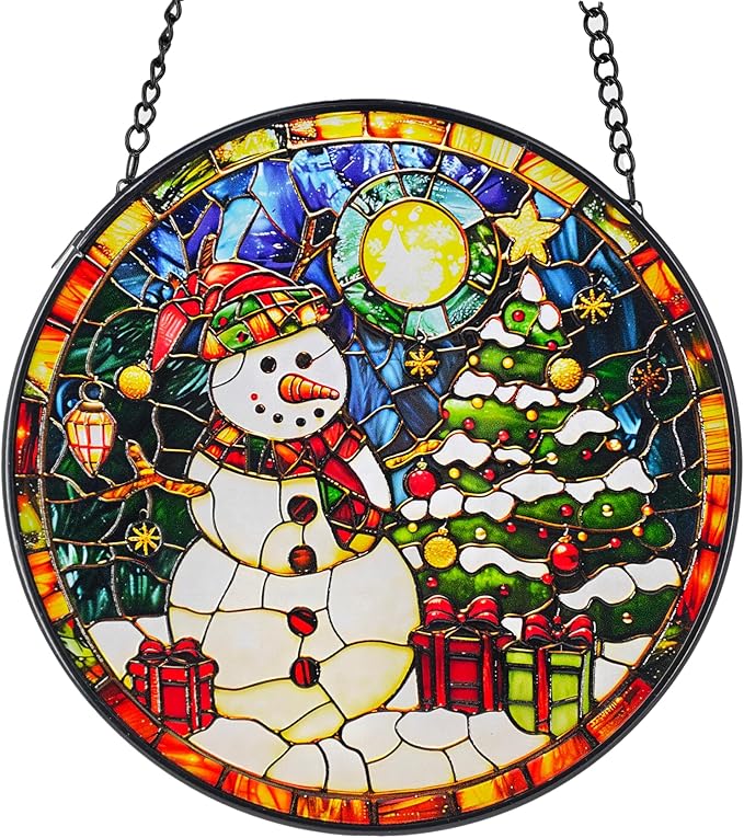 Sun Catcher Stain Glass,Christmas Snowman Suncatcher Stained Glass Decor for Window Hanging, Gardening Gifts for Women with 6.3 Inch