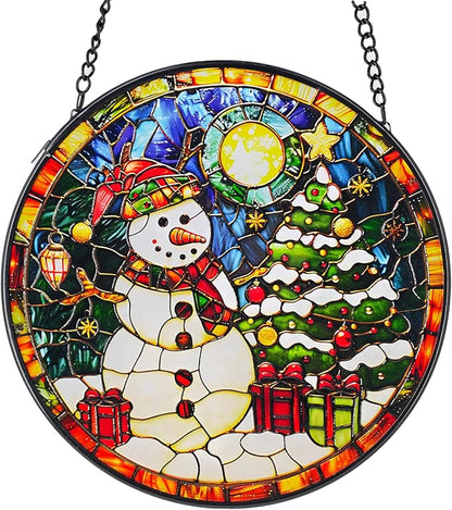 Sun Catcher Stain Glass,Christmas Snowman Suncatcher Stained Glass Decor for Window Hanging, Gardening Gifts for Women with 6.3 Inch