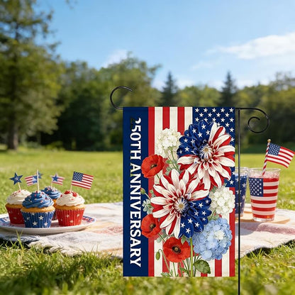250th Anniversary Garden Flag 12x18 Inch Double Sided, 4th of July Garden Flag with Colorful Flower Design, Red White Blue USA Flags, Garden Decoration for Independence Day, Summer Yard Decor