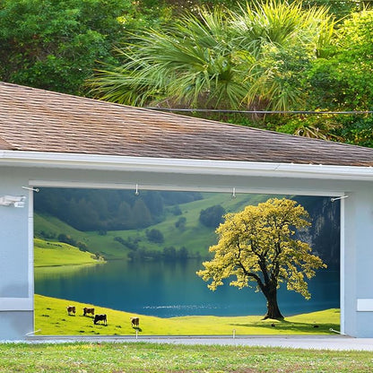 13x6 ft Lakeside Lone Tree Garage Door Banner - Serene Lake with Single Tree Backdrop, Hanging Garage Decorations - for Peaceful Garden or Patio Decor, Tranquil Outdoor Wall Sign