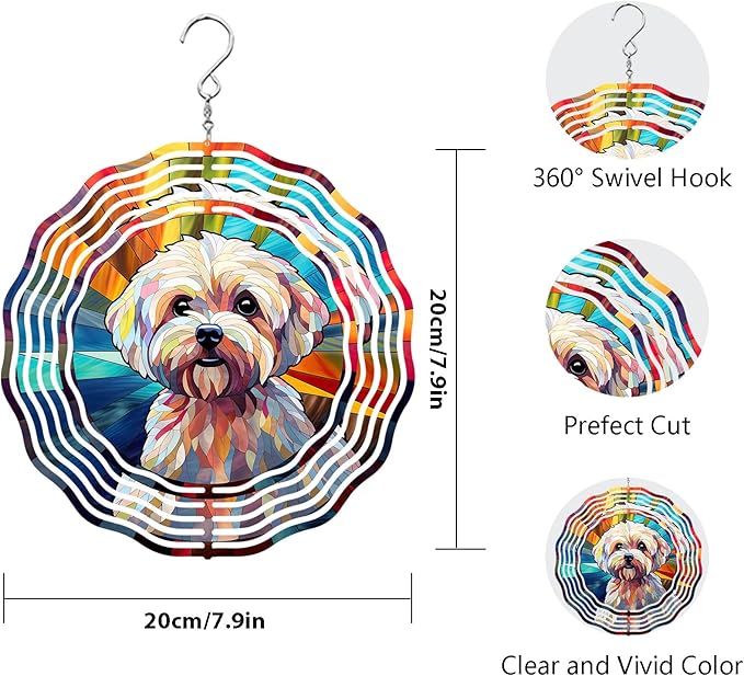 Maltese Dog Wind Spinner Pet Dog Memorial Gifts, Vibrant 3D Kinetic Aluminum Metal Yard Art, Loss of Dogs Sympathy Gifts, Hanging Outdoor Garden Decor, 8" Wind Sculptures for Patio, Porch (Maltese8)
