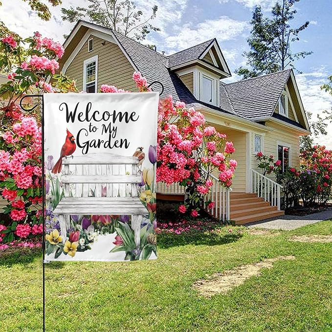 Bench with Flowers Garden Flags 12×18 Inch Welcome to My Garden Double Sided Decorative Yard Banner Seasonal Flag for Outdoor Outside Decor