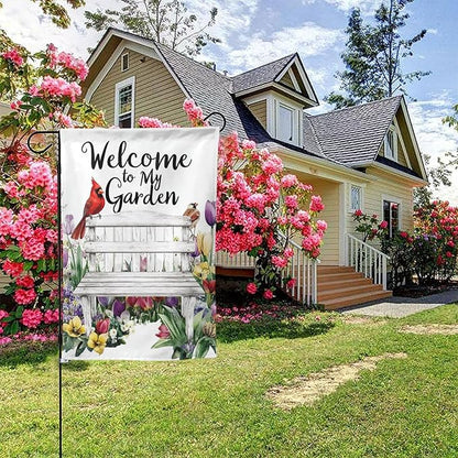Bench with Flowers Garden Flags 12×18 Inch Welcome to My Garden Double Sided Decorative Yard Banner Seasonal Flag for Outdoor Outside Decor