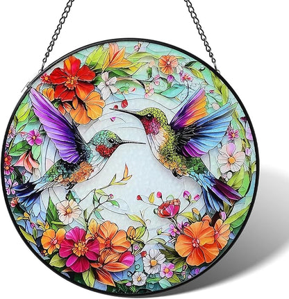 Stained Glass Window Hanging Hummingbird Sun Catcher Indoor and Outdoor, Window Garden Decor Art, Stained Glass Suncathers, Hummingbird Gifts for Women,Mom, Grandma and Wife 7.8’’ Green