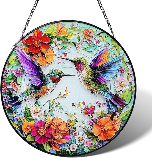 Stained Glass Window Hanging Hummingbird Sun Catcher Indoor and Outdoor, Window Garden Decor Art, Stained Glass Suncathers, Hummingbird Gifts for Women,Mom, Grandma and Wife 7.8’’ Green
