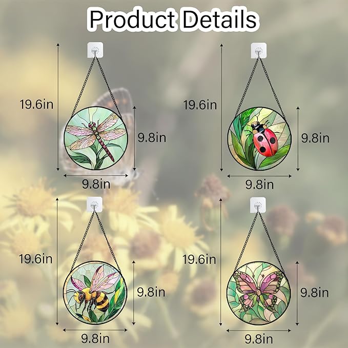 DASTOLL Stained Glass Window Hanging 4 Pcs Set Pink Green Insect Theme 9.8" - Butterfly Suncatcher Door Garden Sun Catcher Decor Birthday Christmas for Mom Woman Nana Men