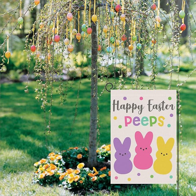 Welcome Easter Garden Flag 12x18 Inch Vertical Double Sided Happy Easter Peeps Small Burlap Flag Holiday Yard Home Outdoor Decoration