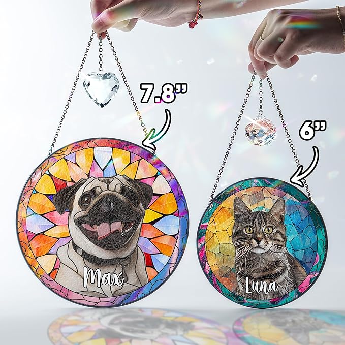 Pet Stained Glass Suncatcher Personalized Custom Name Pet Photo Ornament Window Hanging Home Decor Sympathy Gift for Loss of Pet Dog Cat Memorial Keepsake Remembrance Gift for Dog Lovers