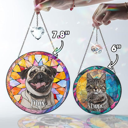 Pet Stained Glass Suncatcher Personalized Custom Name Pet Photo Ornament Window Hanging Home Decor Sympathy Gift for Loss of Pet Dog Cat Memorial Keepsake Remembrance Gift for Dog Lovers
