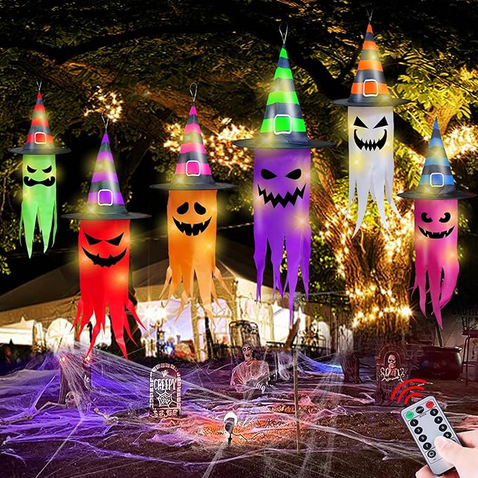 Halloween Decorations 6 Pcs Lighted Hanging Witch Hat Ghosts, 8 Modes Remote Control, 13 FT Long Halloween String Lights Holiday Decor for Indoor Outdoor Yard, Lawn, Scary Theme Party