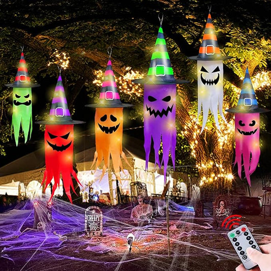 Halloween Decorations 6 Pcs Lighted Hanging Witch Hat Ghosts, 8 Modes Remote Control, 13 FT Long Halloween String Lights Holiday Decor for Indoor Outdoor Yard, Lawn, Scary Theme Party