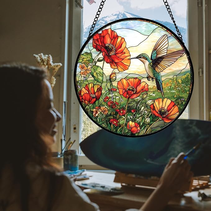 DASTOLL Stained Glass Window Hanging, Hummingbirds Orange Flowers Suncatcher Diamond Glass Panel Hangings Sun Catchers Decor for Birthday for Women, Men, Wife, Aunt, and Mom 14.9 in