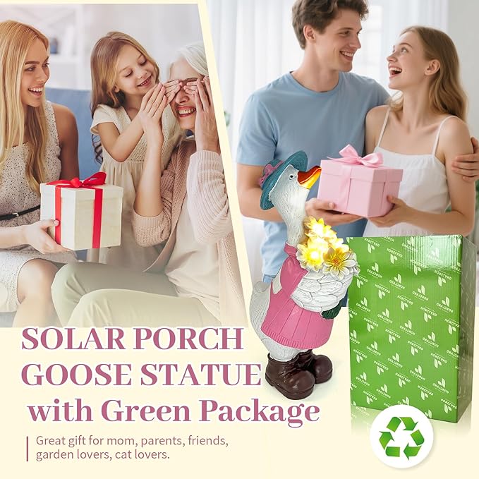 Solar Porch Goose Garden Statue with Glowing Flower, 11.5" Solar Duck Garden Decor for Outdoor, Waterproof Animal Figurine with Auto Light for Yard Lawn Patio - Unique Gift for Mom Grandma Women