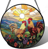 Stained Glass Window Hanging, Countryside Scenery Chicken Sun Catcher for Door Home Decor Sunrise Suncatcher Christmas Mother's Day Birthday Gifts for Women Men Mom Nana 9.8 in
