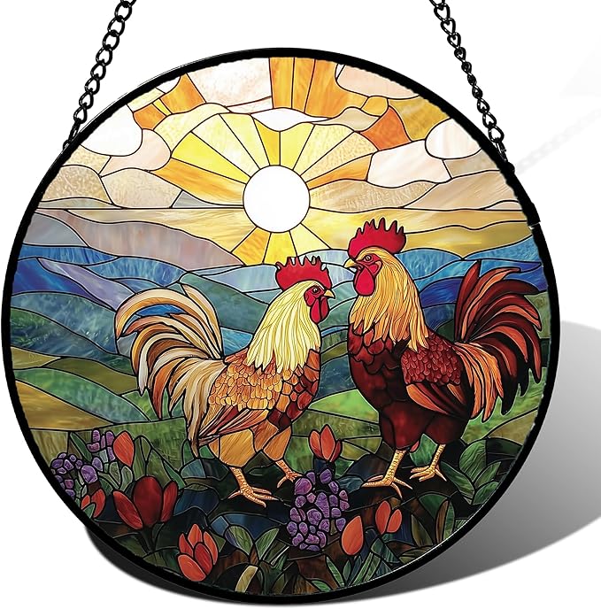 Stained Glass Window Hanging, Countryside Scenery Chicken Sun Catcher for Door Home Decor Sunrise Suncatcher Christmas Mother's Day Birthday Gifts for Women Men Mom Nana 15 in