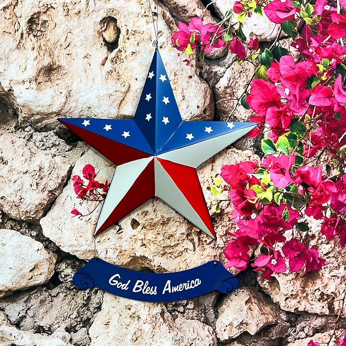 Rustic Hanging Metal American Flag Patriotic Barn Stars Wall Door Yard Signs 4th of July White Blue Red Independence Day Memorial Day Decor