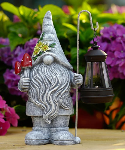 Garden Gnome with Solar Lantern: Outdoor Statue Decorations for Home Yard Lawn Balcony Patio Porch - Mothers Day Gifts for Mom Women Grandma