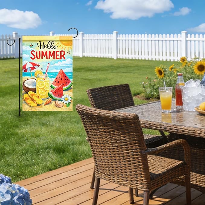 Nuxovilar Summer Garden Flag Hello Summer Lemon Watermelon Beach Pattern Polyester 12x18 Inches Garden Flags for Outside Seasonal Decor Yard Porch Lawn