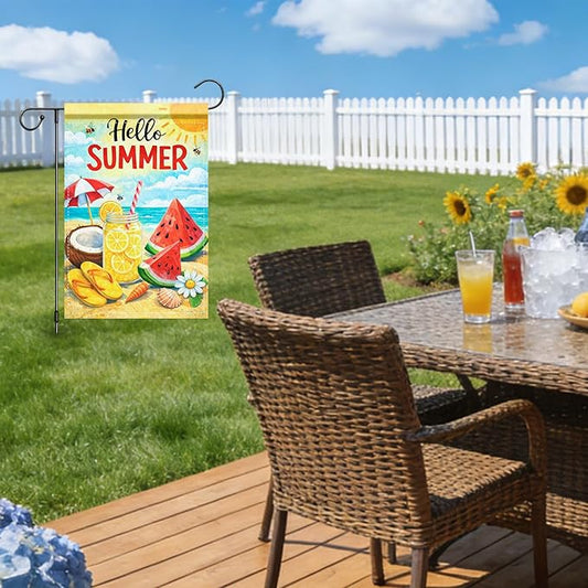 Nuxovilar Summer Garden Flag Hello Summer Lemon Watermelon Beach Pattern Polyester 12x18 Inches Garden Flags for Outside Seasonal Decor Yard Porch Lawn