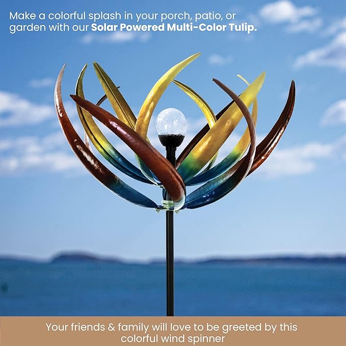 Bits and Pieces Tulip Wind Spinners Outdoor Solar Lighted Metal Wind Spinner, Large Kinetic Garden Sculptures, Crackle Glass Light, Multi-Colored Garden Decor