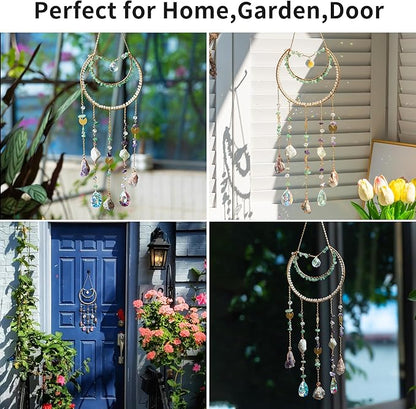 Crystal Sun Catcher Rainbow Maker with Natural Green Stones and Various Crystal Shapes Unique Window Decoration for Home or as a Gift, Stunning Light Refraction and Colorful Display