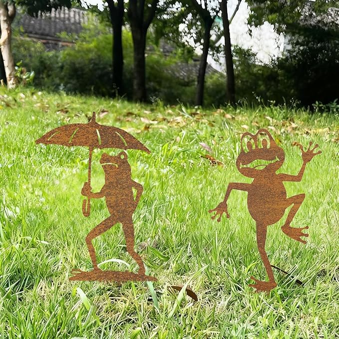 2 Pcs Rusty Metal Frog Decorative Garden Stakes, Gifts for Women/Men/Lovers Gifts, Metal Garden Stakes Decorative for Yard Art Outside Patio, Lawn Outdoor Decor