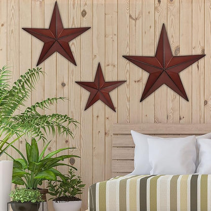 VIVICOMFY 6" 9" 12"（3pieces Red Black Barn Star Texas Stars Art-Metal Stars for Outside Rustic Vintage Western Wall Decor Country Home Farmhouse Wall Decorations