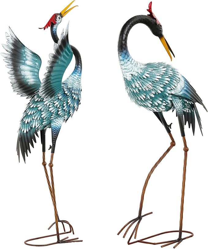 Extra-Large Crane Statue, 36.8" Handcrafted Metal Blue Heron Decor Sculptures with Stable U-Ground Stakes, Backyard Decoration, Metal Garden Bird Animal Yard Art, Lawn Ornament Decor