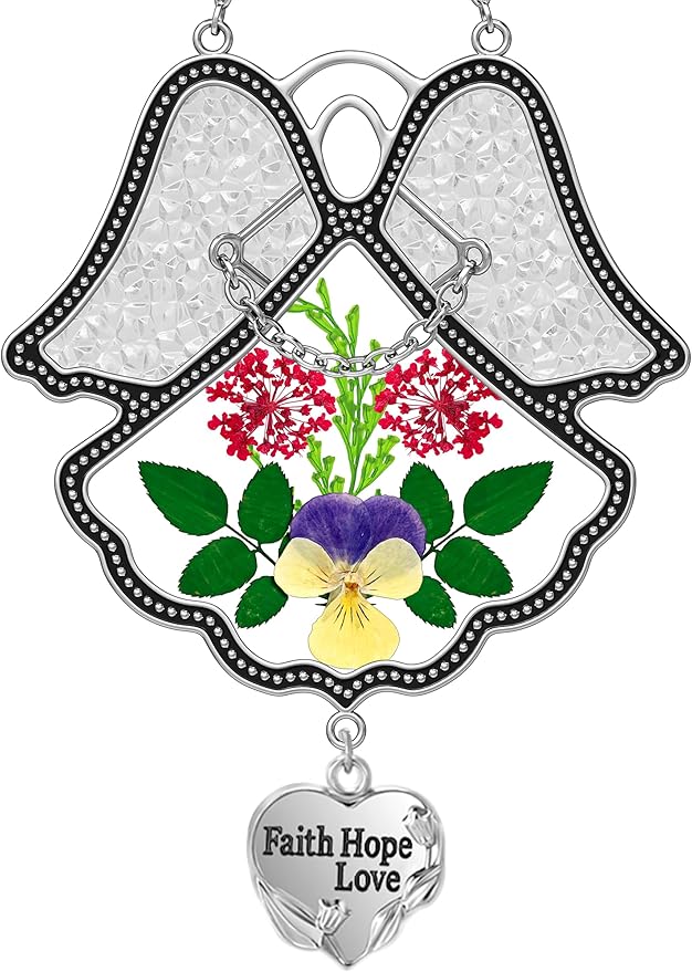 KY&BOSAM Angel Suncatcher Faith Hope Love Stained Glass Panels Suncatchers for Windows Hangings Wind Chime with Pressed Flower Glass and Metal Heart Charm Birthday Gifts for Mom Mothers Day Christmas