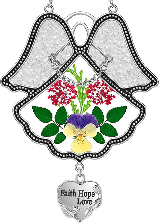 KY&BOSAM Angel Suncatcher Faith Hope Love Stained Glass Panels Suncatchers for Windows Hangings Wind Chime with Pressed Flower Glass and Metal Heart Charm Birthday Gifts for Mom Mothers Day Christmas