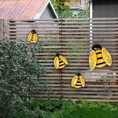 Mentoart Metal Bee Wall Art, 4-Pack – Party-Themed Hanging Sculpture for Bedroom & Living Room, Outdoor Garden, Patio, Fence or Yard Decoration