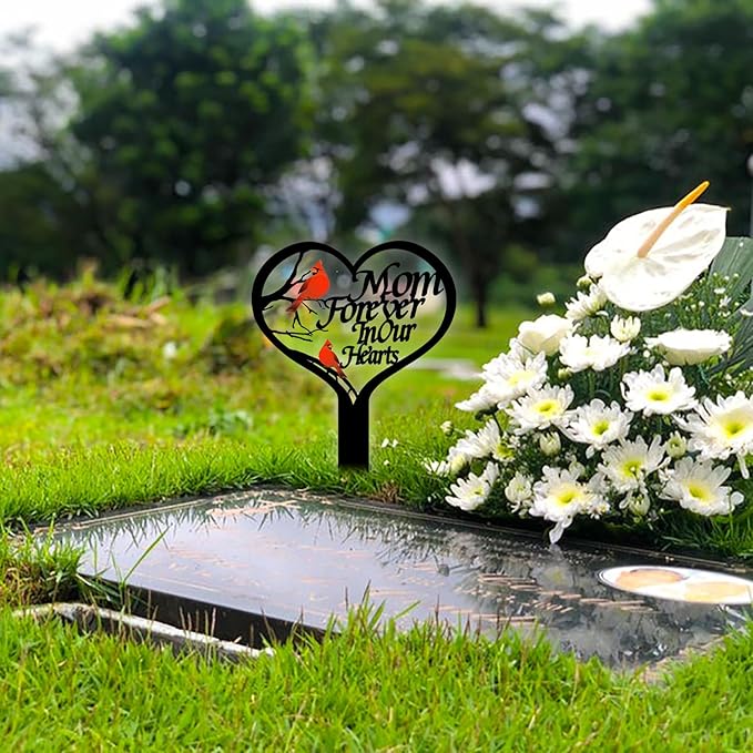 OZIO Memorial Grave Markers for Cemetery, Heart Memorial Plaque Stake Cardinals Garden Stake Memorial Metal Grave Stake Decoration for Mom Dad Cemetery Outdoors Yard Garden
