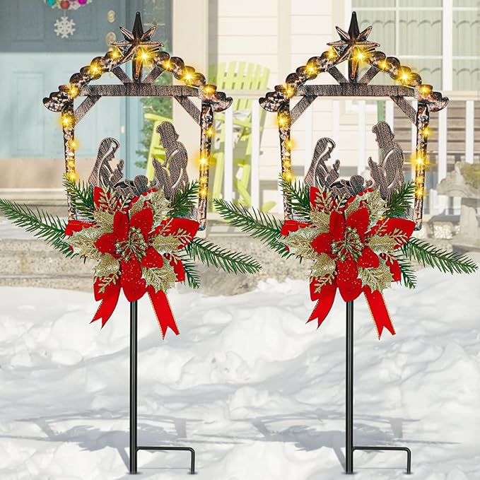 Moukeren 2 Pcs 2 Pcs 3.5ft Nativity Scene Outdoor Yard Stakes, Solar Lighted Outdoor Metal Christmas Nativity Scene Decoration for Christmas Holiday Lawn Garden Yard Decoration (Classic)
