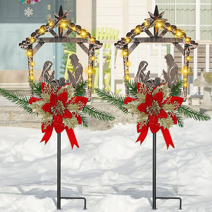 Moukeren 2 Pcs 2 Pcs 3.5ft Nativity Scene Outdoor Yard Stakes, Solar Lighted Outdoor Metal Christmas Nativity Scene Decoration for Christmas Holiday Lawn Garden Yard Decoration (Classic)