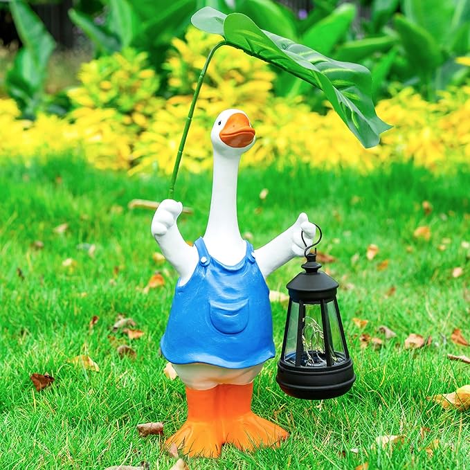 Goose Garden Statues Porch Goose Statue Holding Leaf with Solar Lantern Front Porch Yard Lawn Spring Outdoor Decorations Duck Easter Christmas Birthday Gifts for Mom Women