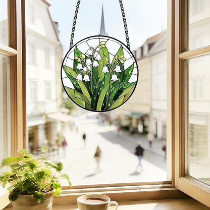 Stained Glass Window Hanging, Lily of the Valley Flower Sun Catcher Glass Panel Green and White Suncatcher Decor for Birthday, Women, Men, Wife, Aunt, Lovers, Home Garden 7.8 in