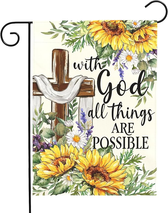 Summer Sunflower Christian Garden Flag with God All Things Are Possible Cross Floral Yard Flags Religious Faith Porch Decor Double Sided Spring Seasonal Front Lawn Decor 12x18 Inch