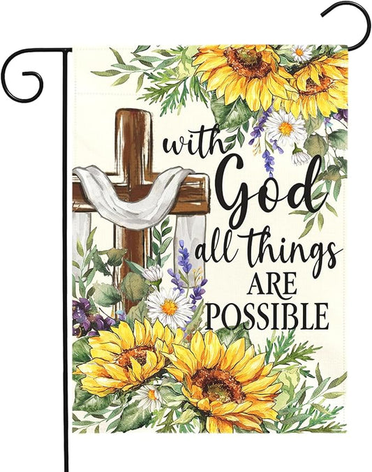 Summer Sunflower Christian Garden Flag with God All Things Are Possible Cross Floral Yard Flags Religious Faith Porch Decor Double Sided Spring Seasonal Front Lawn Decor 12x18 Inch