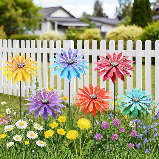 Suncalla 6 Pcs Metal Flowers Stakes Garden Decor for Outside 24 Inch Colorful 3D Zinnia Flowers Yard Art Decor for Spring Outdoor Lawn Porch Pathway Patio Decoration