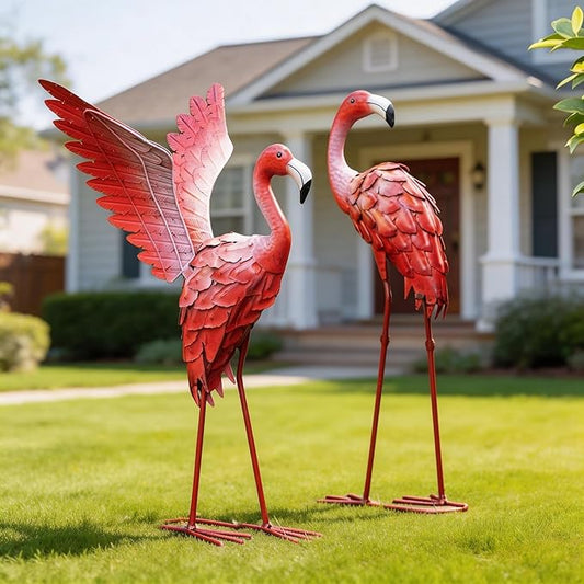 Natelf Flamingos Garden Statues Small Outdoor Decor, Set of 2 Metal Yard Art with Spread & Folded Wings, Weather-Resistant Pink Flamingo Lawn Sculpture for Patio, Backyard - Gift for Women, Mom
