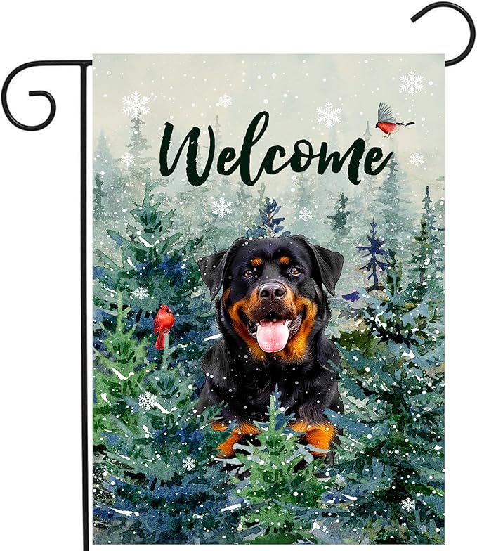 Welcome Winter Garden Flags Rottweiler Garden Flag Cardinal Birds on Snowy Pine Tree Flag Dog Yard Flags for Outside 12x18 Double Sided Christmas Decorative Lawn Flags