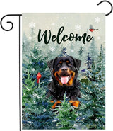 Welcome Winter Garden Flags Rottweiler Garden Flag Cardinal Birds on Snowy Pine Tree Flag Dog Yard Flags for Outside 12x18 Double Sided Christmas Decorative Lawn Flags
