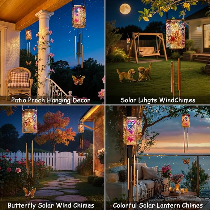Solar Wind Chimes for Outside, Butterfly Gifts Women 3D Multicolor Waterproof Solar Lantern Chimes Outdoor Lights Hanging Decor for Garden, Porch, Yard Gifts for Mom Grandma